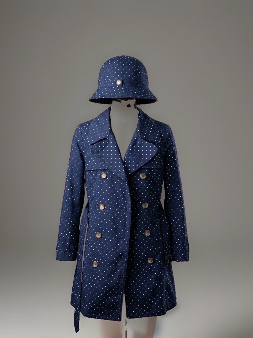 Lands' End Navy Polka Dot Double-Breasted Trench Coat and Hat